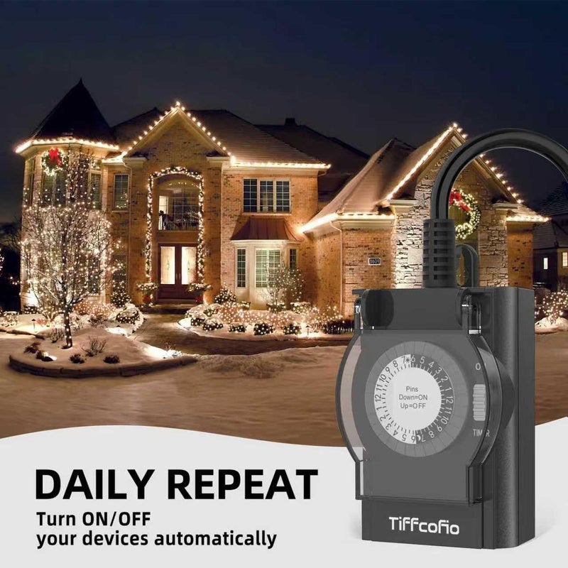 Tiffcofio Outdoor Timer Outlet Waterproof, 24 Hour Mechanical Light Timer Outdoor, 2 Grounded Outlets for Home and Garden, 15A 1/2HP, Heavy Duty, ETL Listed (2 Pack) - Image 4